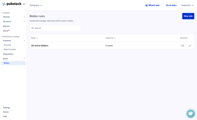 Bidder rule table with the default rule automatically created by Pubstack. This rule is named "All active bidders" and can't be edited or viewed.